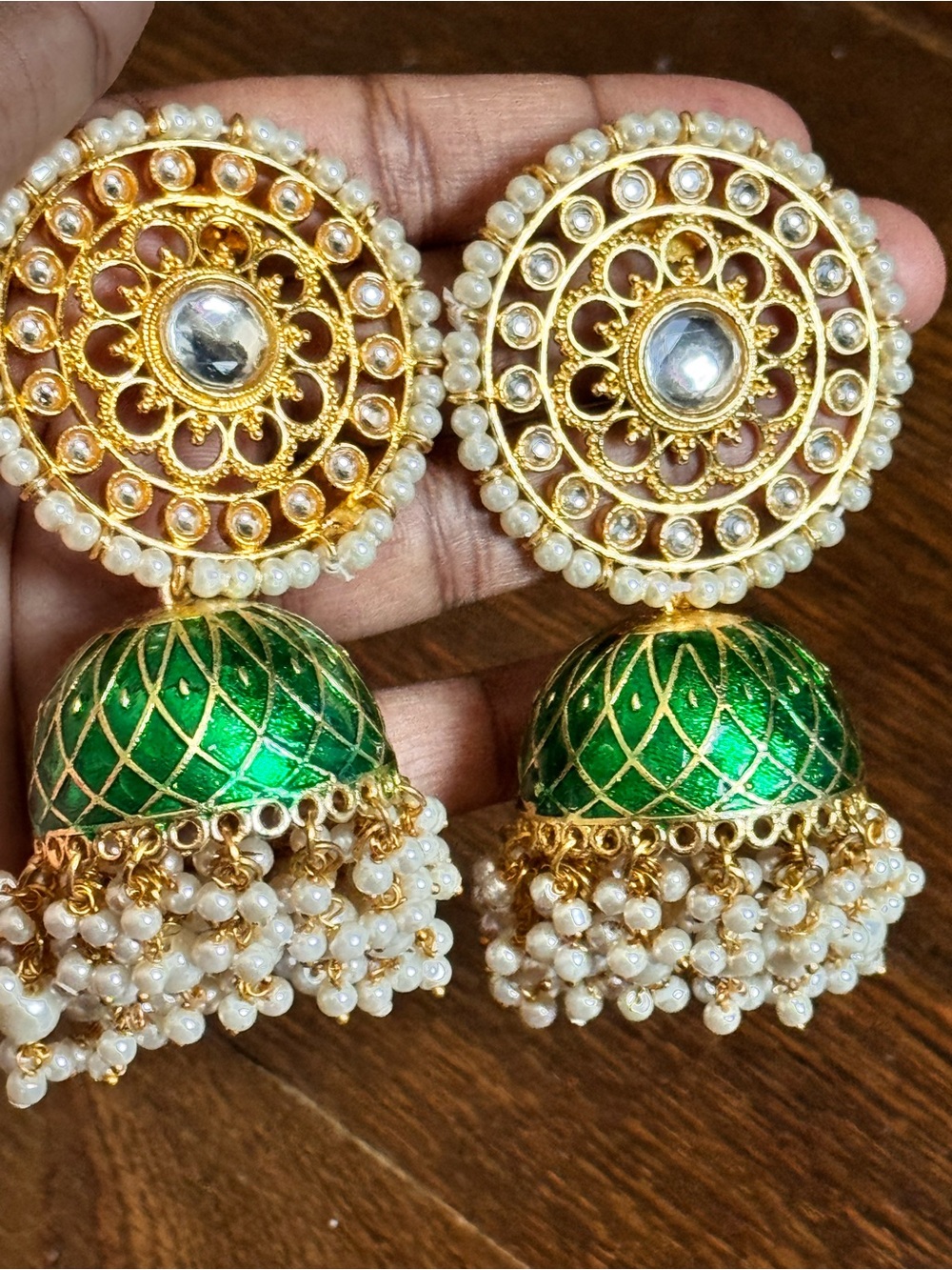 Gold and Green Pearl Jhumka Earrings by